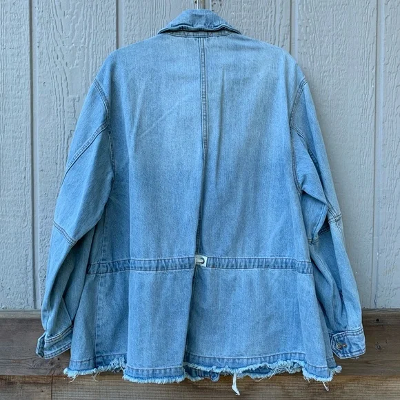 Free People oversized raw, flared hem denim jean jacket, adjustable cinch waist - Picture 5 of 16